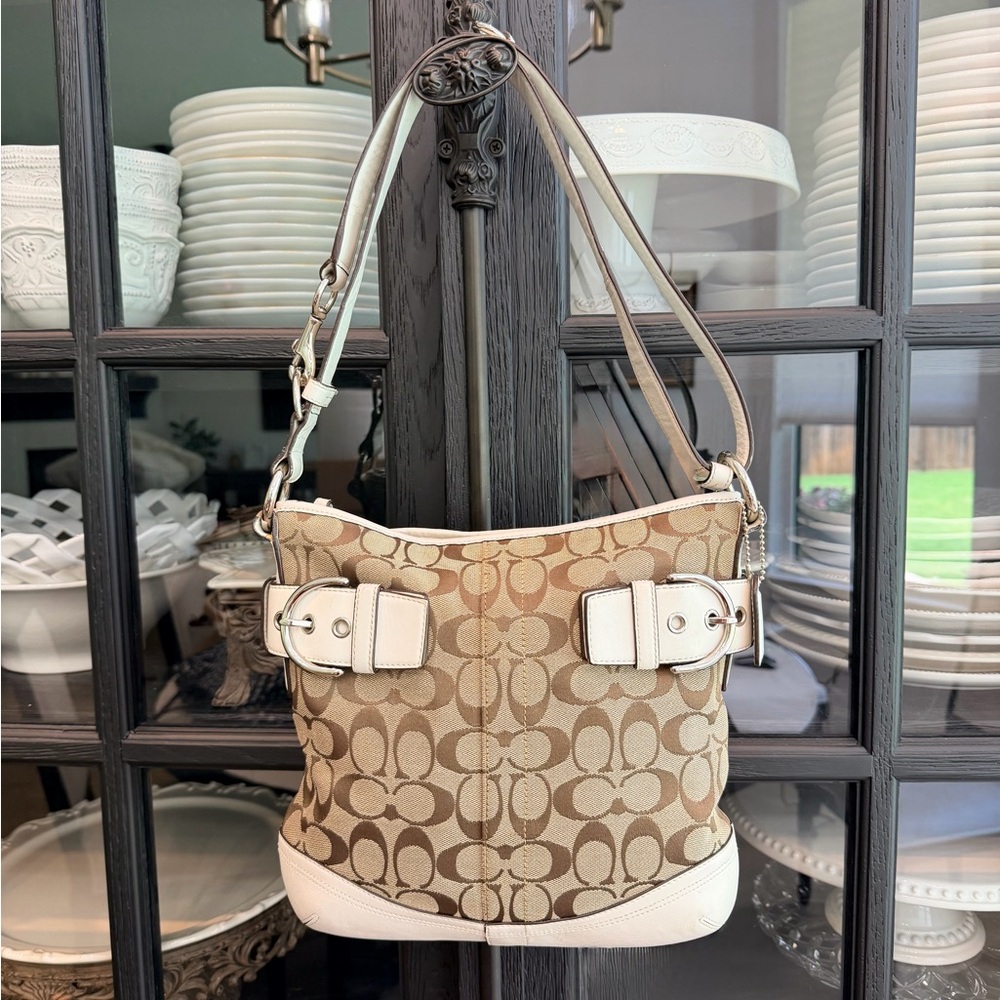 COACH Soho Signature Buckle Shoulder Bag Khaki/Chalk Leather Trim- F03574